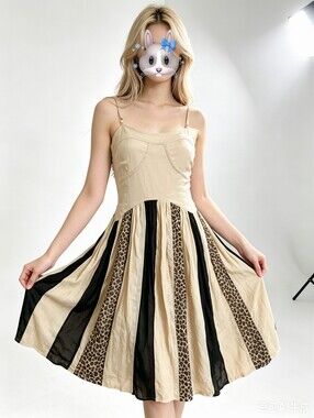 🐿🐿 100% Silk, Beige Striped A-Line Dress with Leopard Panels